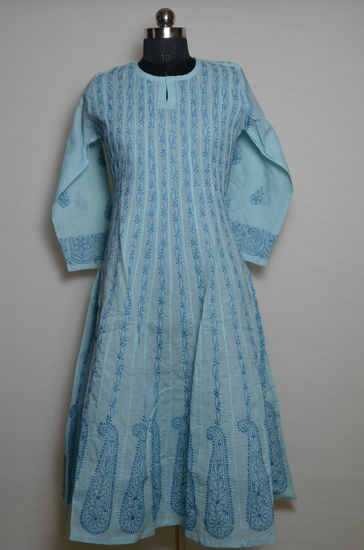 Picture of Hand Embroidered Sky Blue Cotton Lucknow Chikankari Anarkali kurti