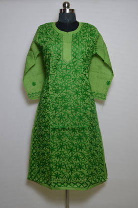 Picture of Hand Embroidered Green Cotton Aari  Lucknow Chikankari kurti