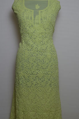 Picture of Hand Embroidered Pale Lime Green Georgette Lucknow Chikankari Top Material