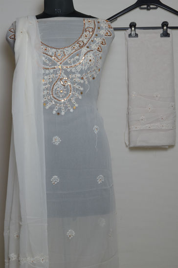 Picture of Hand Embroidered White Georgette Lucknow Chikankari Dress Material
