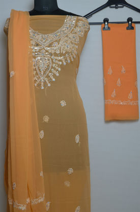 Picture of Hand Embroidered Melon Orange Georgette Lucknow Chikankari Dress Material