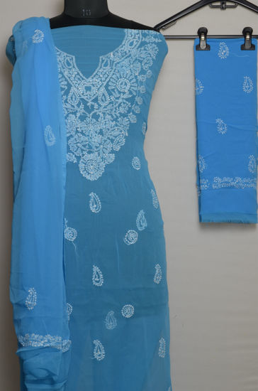 Picture of Hand Embroidered Blue Georgette Lucknow Chikankari Dress Material