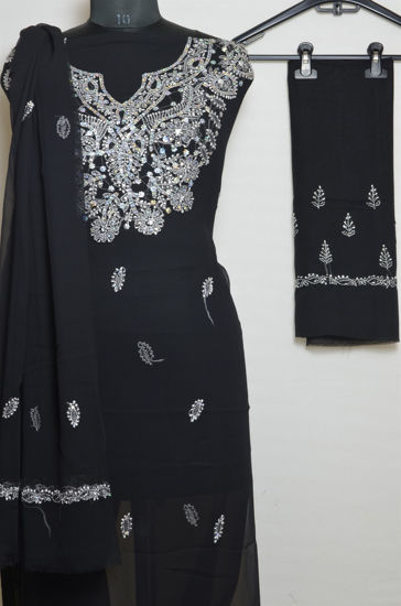 Picture of Hand Embroidered Black Georgette Lucknow Chikankari Dress Material