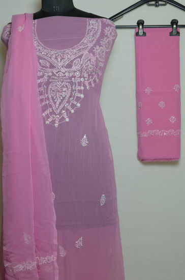 Picture of Hand Embroidered Pink Georgette Lucknow Chikankari Dress Material