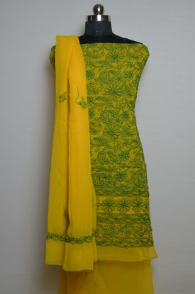 Picture of Hand Embroidered Yellow and Green Georgette Lucknow Chikankari Dress Material