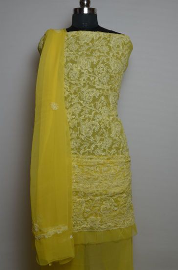 Picture of Hand Embroidered Lemon Yellow Georgette Lucknow Chikankari Dress Material