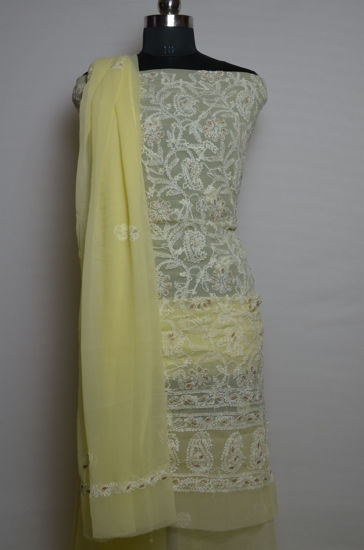 Picture of Hand Embroidered Lemon Yellow Georgette Lucknow Chikankari Gota Dress Material