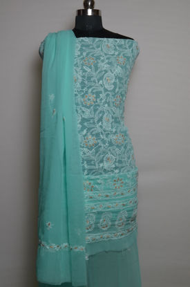 Picture of Hand Embroidered Sea Green Georgette Lucknow Chikankari Gota Dress Material