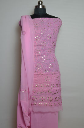 Picture of Hand Embroidered Pink Georgette Lucknow Chikankari Gota Dress Material