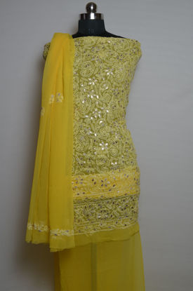 Picture of Hand Embroidered Yellow Georgette Lucknow Chikankari Gota Dress Material
