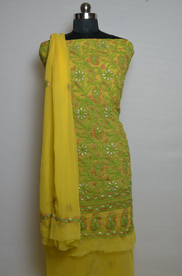 Picture of Hand Embroidered Yellow and Green Georgette Lucknow Chikankari Gota Dress Material