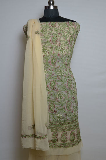 Picture of Hand Embroidered Nude and Green Georgette Lucknow Chikankari Gota Dress Material