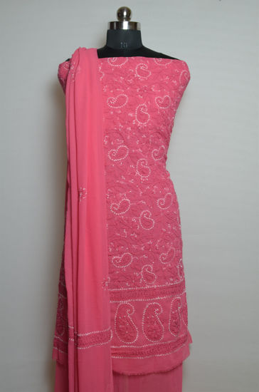 Picture of Hand Embroidered Peach Dani Georgette Lucknow Chikankari Dress Material