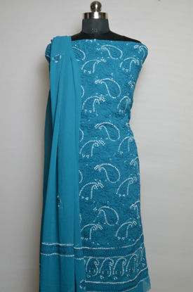 Picture of Hand Embroidered Peacock Blue Dani Georgette Lucknow Chikankari Dress Material
