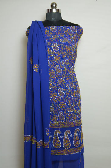 Picture of Hand Embroidered Blue Dani Georgette Lucknow Chikankari Dress Material
