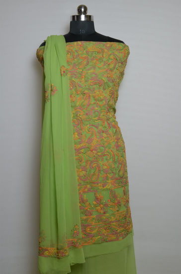 Picture of Pista Green with Multi Color Hand Embroidered Georgette Lucknow Chikankari Dress Material
