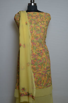 Picture of Yellow with Multi Color Hand Embroidered Georgette Lucknow Chikankari Dress Material