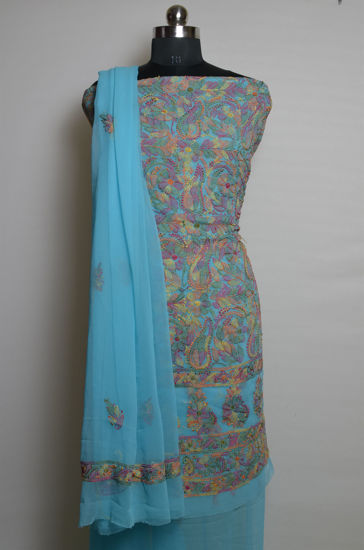 Picture of Blue with Multi Color Hand Embroidered Georgette Lucknow Chikankari Dress Material