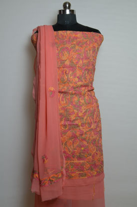 Picture of Peach with Multi Color Hand Embroidered Georgette Lucknow Chikankari Dress Material