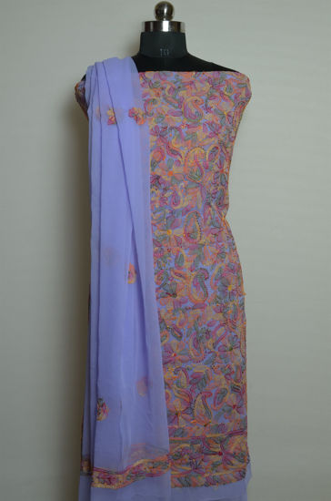 Picture of Lavender with Multi Color Hand Embroidered Georgette Lucknow Chikankari Dress Material