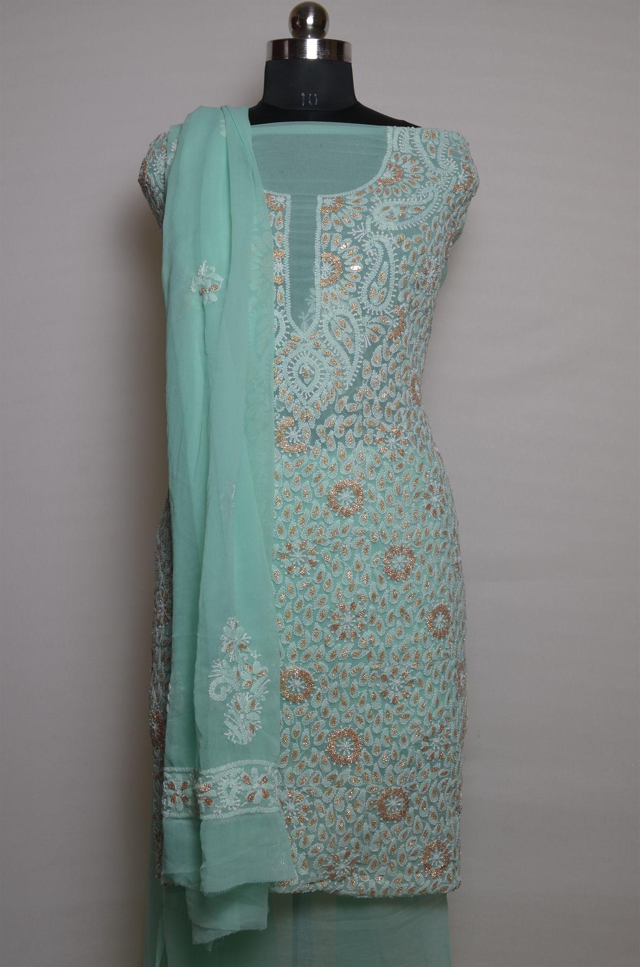 Rama green lucknowi chikankari dress with bijiya work net dupatta - set of  two by Chokhi Bandhani | The Secret Label