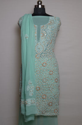 Picture of Sea Green Heavy Gota Hand Embroidered Georgette Lucknow Chikankari Dress Material