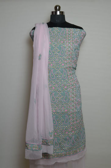 Picture of Baby Pink Heavy Gota Hand Embroidered Georgette Lucknow Chikankari Dress Material