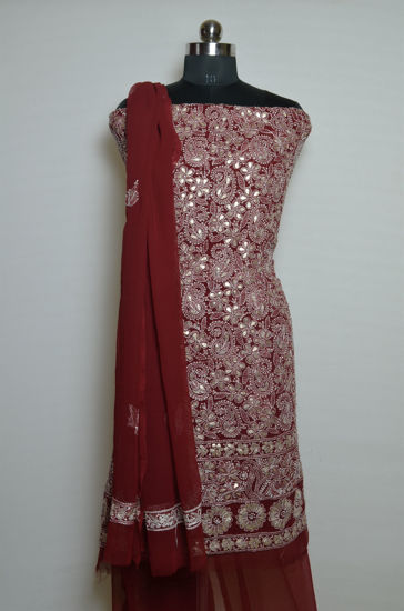 Picture of Maroon Heavy Gota Hand Embroidered Georgette Lucknow Chikankari Dress Material