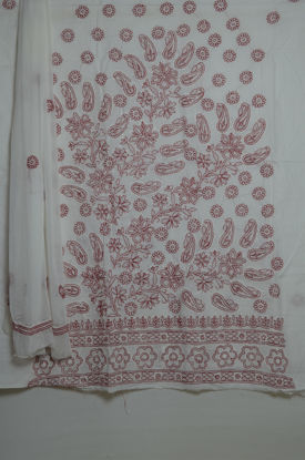 Picture of White with Red Threadwork Lucknow Chikankari Cotton Dress Material