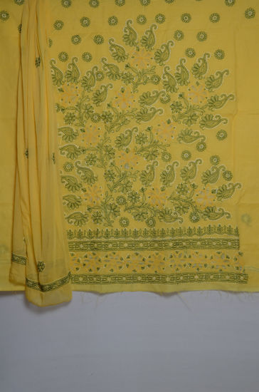 Picture of Yellow with Green Threadwork Lucknow Chikankari Cotton Dress Material