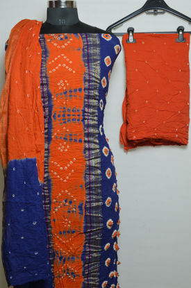 Picture of Blue and Orange Tie and Dye Bandhani Cotton Dress Material