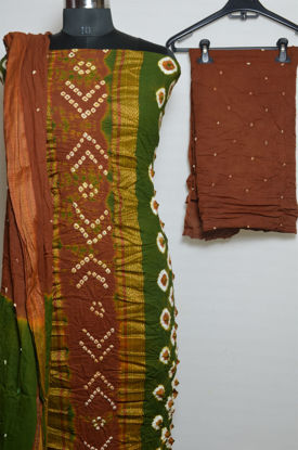 Picture of Green and Brown Tie and Dye Bandhani Cotton Dress Material