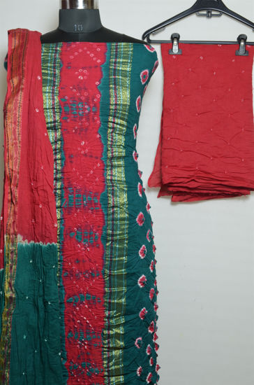 Picture of Green and Red Tie and Dye Bandhani Cotton Dress Material