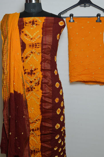 Picture of Maroon and Yellow Tie and Dye Bandhani Cotton Dress Material