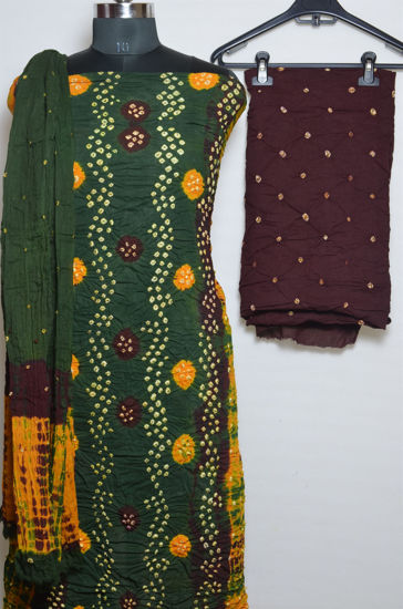 Picture of Yellow, Green and Maroon Tie and Dye Bandhani Cotton Dress Material