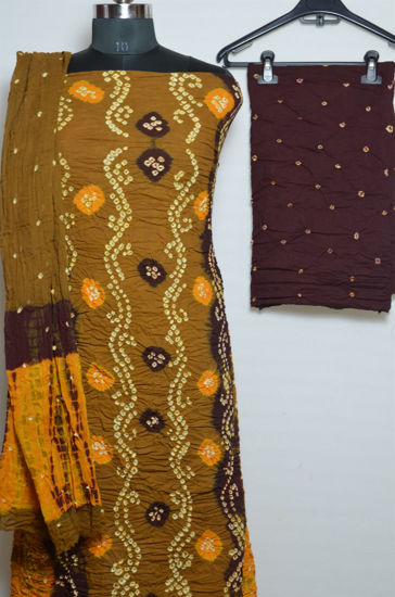 Picture of Yellow, Brown and Maroon Tie and Dye Bandhani Cotton Dress Material