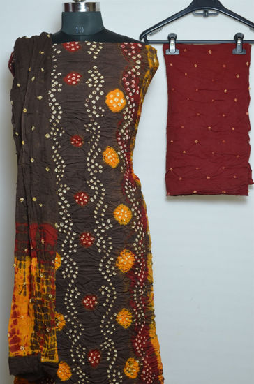 Picture of Yellow, Brown and Red Tie and Dye Bandhani Cotton Dress Material