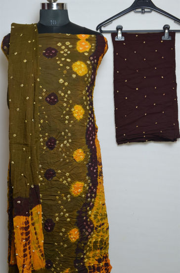 Picture of Khaki, Brown and Yellow Tie and Dye Bandhani Cotton Dress Material