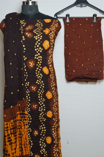 Picture of Brown and Yellow Tie and Dye Bandhani Cotton Dress Material
