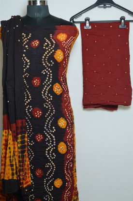 Picture of Black, Yellow and Red Tie and Dye Bandhani Cotton Dress Material