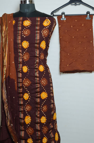 Picture of Dark Brown and Light Brown Tie and Dye Bandhani Cotton Dress Material