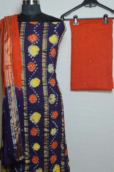 Picture of Navy Blue and Orange Tie and Dye Bandhani Cotton Dress Material