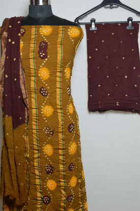 Picture of Khaki and Maroon Tie and Dye Bandhani Cotton Dress Material