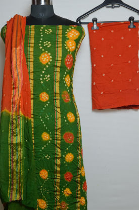 Picture of Green and Orange Tie and Dye Bandhani Cotton Dress Material