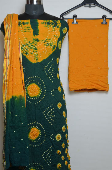 Picture of Green and Yellow Tie and Dye Bandhani Cotton Dress Material