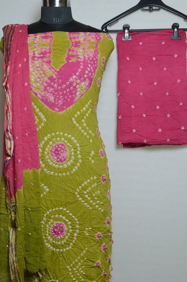 Picture of Green and Pink Tie and Dye Bandhani Cotton Dress Material