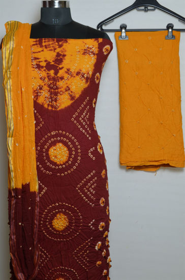 Picture of Maroon and Yellow Tie and Dye Bandhani Cotton Dress Material