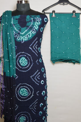 Picture of Navy Blue and Sea Green Tie and Dye Bandhani Cotton Dress Material