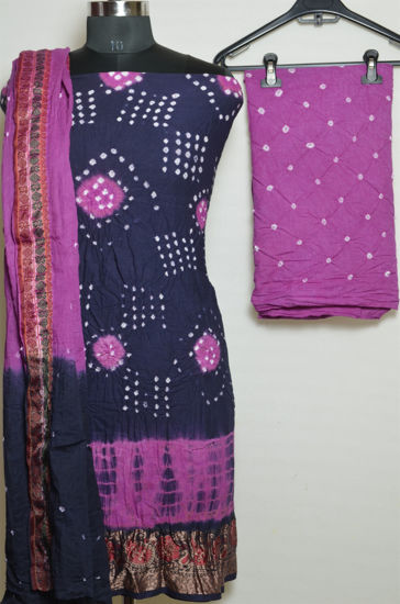 Picture of Navy Blue and Purple Tie and Dye Bandhani Cotton Dress Material
