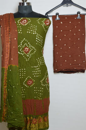 Picture of Mehandi Green and Brown Tie and Dye Bandhani Cotton Dress Material